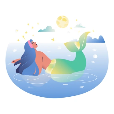 A mermaid with long, flowing blue hair is lying on her back in the clear ocean water. Her iridescent tail shimmers with shades of green and gold as it gently floats behind her. The surface of the water reflects the night sky, and she gazes upward at a multitude of stars that twinkle brightly above. Small ripples surround her, creating a serene effect. A few clouds drift lazily across the moonlit sky, and the silhouette of distant islands can be seen on the horizon.
