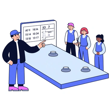 A coach standing on the side of a curling rink, wearing a dark jacket and a cap, is giving instructions to a curling team. The coach is pointing towards the icy surface of the rink, emphasizing a specific area. The team consists of four members, each in matching uniforms, listening attentively. Sliding stones and broomsticks are visible on the rink, and the scoreboard in the background shows the current game status.