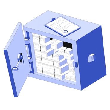 An illustration of a secure vault with thick steel doors slightly ajar. Inside, there are numerous stacks of financial papers neatly organized in rows, some tied with string. A clipboard is resting on top of one of the stacks, featuring a checklist with several items marked. The interior of the vault is dimly lit, emphasizing the shadows created by the stacks of papers. The walls of the vault are reinforced and display intricate locking mechanisms, while the floor is concrete and polished.