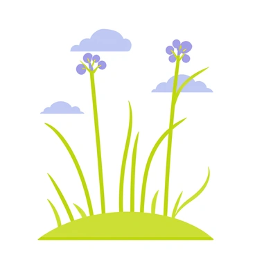 Chive plants with slender green stalks are swaying gently in a bright, open field. The plants have delicate purple flowers blooming at their tops. The background features a clear blue sky with fluffy white clouds. A few blades of grass are scattered around the chive plants, adding to the natural setting. The sunlight casts soft shadows on the ground, enhancing the vibrant colors of the scene.