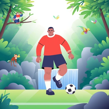 Cristiano Ronaldo is dribbling a soccer ball on a grassy field surrounded by tall, vibrant green trees in a lush jungle. Sunlight filters through the dense foliage, casting dappled light on the scene. Colorful tropical birds flutter above, and a curious monkey is perched on a branch, watching the action. In the background, a waterfall cascades down rocks, creating a serene sound of flowing water. Cristiano is wearing a red soccer jersey with black shorts and cleats, displaying an intense focus as he maneuvers the ball.
