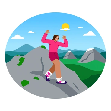 A triumphant runner stands at the summit of a rugged mountain, arms raised in celebration. The runner wears a bright red athletic outfit and running shoes. The mountain peaks in the background are jagged, showcasing a mixture of gray rocks and patches of green vegetation. Below, a vast landscape stretches out, filled with rolling hills and a clear blue sky overhead. The sun casts a warm glow, highlighting the runner's expression of joy and accomplishment.