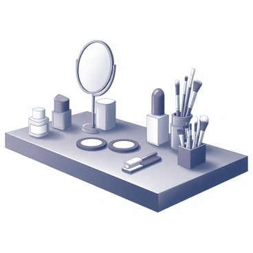 An organized vanity displaying an array of makeup products and tools.
