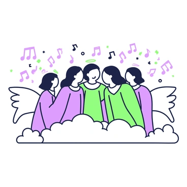 A choir of angels is positioned in the sky, each angel with delicate wings and flowing robes. They are arranged in a semi-circle, with some angels gazing joyfully at one another. Their mouths are open, and they are engaged in singing harmoniously. Surrounding them are swirling musical notes that drift through the air, creating a sense of movement and melody. The backdrop of the sky is vast and open, enhancing the ethereal presence of the angels and their music.