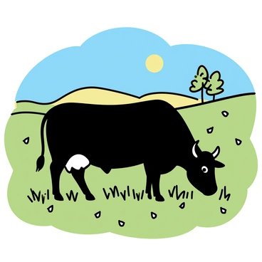 A bull with a sleek black coat is grazing in a lush green field. The field is dotted with small wildflowers in various colors, and the grass appears dense and vibrant. In the background, there are softly rolling hills under a clear blue sky, creating a peaceful atmosphere. A few trees with leafy branches stand on the horizon, providing a natural boundary to the scene. The sun casts a warm, gentle light across the landscape.