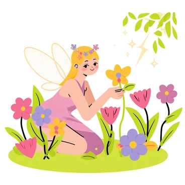 A tiny fairy princess with shimmering wings is tending to colorful flowers in a lush garden. She has a delicate crown made of tiny blossoms resting on her head. The flowers are various shades of pink, purple, and yellow, with green leaves surrounding them. The fairy princess is kneeling beside a vibrant flower, gently cupping it in her hands as sparkles of magic swirl around her. Sunlight filters through the leaves, casting playful shadows on the ground, highlighting the enchanting scene.