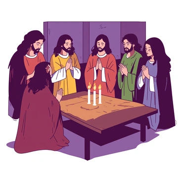 A group of apostles is gathered in a dimly lit room, their faces softly illuminated by flickering candlelight. Each apostle is dressed in traditional robes with different colors, enhancing the warm atmosphere of the scene. The candles are placed on a central wooden table, casting shadows that dance across the walls. The apostles are in various poses of prayer, with some holding their hands together and others with their eyes closed in reflection. The space around them is modest, with simple decorations adding to the serene environment.