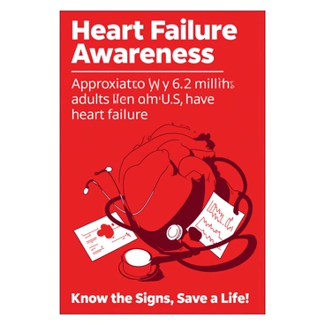 A red poster features the title "Heart Failure Awareness" at the top in bold white letters. Below the title, key facts about heart failure are displayed in white text, including statistics such as "Approximately 6.2 million adults in the U.S. have heart failure." Iconic illustrations of a heart alongside a stethoscope and a medical chart are included to emphasize health care. At the bottom of the poster, there is a call to action in white text: "Know the Signs, Save a Life!" The overall design combines the urgent tones of red with the clean contrast of white, making the information clear and accessible.