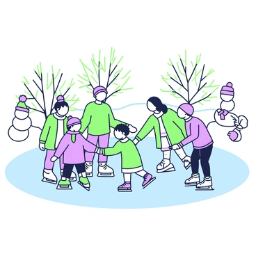 A group of families and friends are ice skating on a frozen pond. The pond is surrounded by a ring of snow-covered ground and trees with snow-laden branches. In the foreground, a child is laughing as they glide across the ice, while a couple of adults are holding hands and skating together. Nearby, a family is gathered, with parents watching their children skate. One child is attempting to balance while another is helping them. In the background, there are a few snowmen decorated with scarves and hats. The sky above is clear, providing bright daylight for the scene.