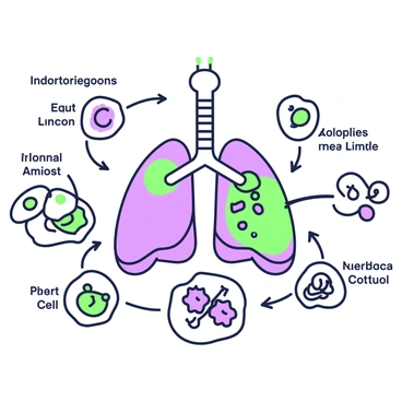 An illustration depicting the human immune response to tuberculosis infection. In the center, a large human lung is shown, with areas highlighted to indicate inflammation. Surrounding the lung, there are various immune cells, such as macrophages that appear larger and clustered around the infection site. Smaller lymphocytes can be seen approaching the macrophages. Some of the macrophages are engulfing particles, representing the bacteria. There are arrows indicating the movement of cells towards the infection, and labels identifying each type of immune cell present. The background is minimal to keep the focus on the immune response.
