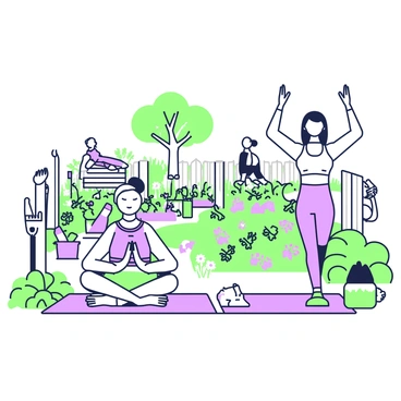 A community urban garden setting with individuals doing deep breathing exercises