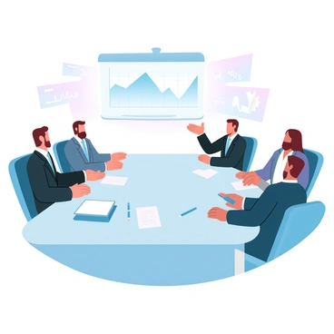 A group of five investors is seated around a large conference table. Each investor is dressed in professional attire, with some wearing suits and ties, while others have blazers paired with dress shirts. A large screen displays a graph showing the projected growth of a new IPO alongside slides of financial data. The investors are facing the screen, with their hands resting on the table, showing engagement in the presentation. Papers, pens, and a laptop are scattered across the table to reflect a serious atmosphere of discussion and evaluation.