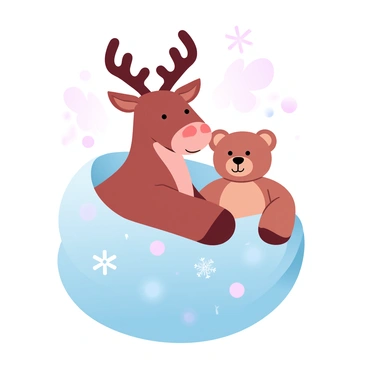 A reindeer with soft, brown fur is curled up under a cozy blanket. The blanket is patterned with snowflakes in various pastel colors. Next to the reindeer is a plush teddy bear, its fur light brown and its arms open as if inviting a hug. The scene is set against a backdrop of gently falling snowflakes, creating a warm and inviting atmosphere. The reindeer’s antlers peek out from the edge of the blanket, adding to the charming composition.