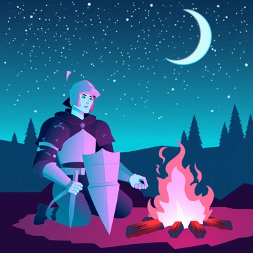 A weary knight in dented armor, with a rugged face and a weathered cloak, is sitting by a crackling bonfire. The flames cast flickering shadows on his tired expression. He holds a heavy shield and a sword rests beside him, partially buried in the ground. Above, a vast starlit sky sparkles with countless stars, and a crescent moon hangs low, illuminating the scene with a soft glow. The surrounding landscape is dark, with silhouettes of distant trees framing the knight. Embers rise into the night air, blending with the celestial beauty above.