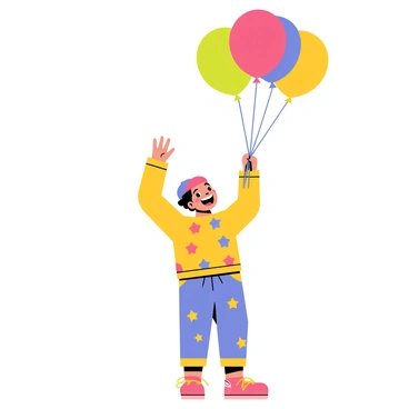 A child wearing a playful outfit with bright, multicolored patterns is happily playing with a group of colorful balloons. The balloons are in various shapes and shades, including red, blue, yellow, and green. The child is smiling widely, reaching up to grab a floating balloon. The scene captures the joy and excitement of childhood playfulness, with the child’s outfit featuring whimsical designs like stars and stripes.