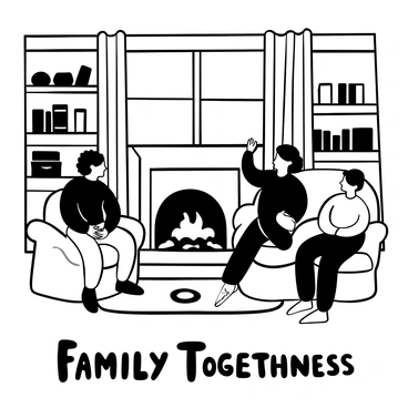 Frederick Douglass is seated comfortably in a cozy living room, surrounded by his family. He is depicted as a dignified figure, with detailed clothing typical of his time. His family members are positioned around him, engaged in conversation or reading. The living room features a warm fireplace, bookshelves filled with books, and a patterned rug on the floor. A window allows soft light to filter in, showcasing a serene domestic scene. The words "Family Togetherness" are displayed prominently in the foreground.