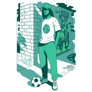 A teal model is wearing a stylish soccer-themed streetwear outfit that includes a fitted jersey and loose-fitting joggers. The jersey features a bold graphic design of a soccer ball and the model is also wearing a matching teal cap. The model stands against a backdrop of a brick wall covered in colorful street art. Nearby, there are graffiti tags and a soccer ball positioned at their feet. The scene is set during the day, casting natural light onto the urban environment.