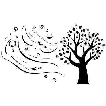 A series of swirling lines representing "wind" flowing through the scene. Leaves being blown off a tall tree, scattering in various directions. Among the swirling lines, there are elements that suggest a "laughing face," formed by the curves of the wind, creating a playful interaction with the leaves. The tree has a sturdy trunk with detailed bark and branches reaching out, covered in leaves.