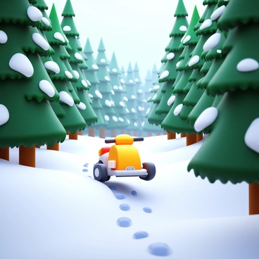 A snow scooter navigating through a dense forest blanketed in snow