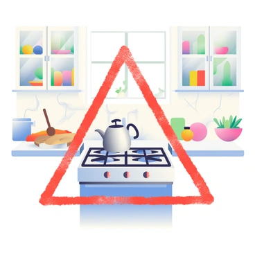 A bright kitchen features a modern stove in the center, surrounded by a triangle drawn in red chalk to indicate potential fire hazards. The stove has four burners, and a silver kettle rests on one of the burners. The countertops are made of white marble and cluttered with various cooking utensils, including a wooden spoon, a cutting board, and a bowl of fresh vegetables. In the background, there are cabinets with glass doors displaying colorful dishware. A window above the sink lets in natural light, enhancing the vibrant atmosphere of the kitchen.