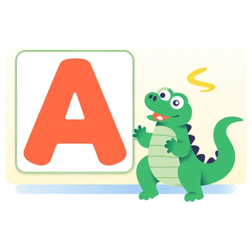 An alphabet flashcard is displayed prominently, featuring a large, bold letter "A" in an eye-catching font. Next to the letter, there is a cartoon alligator with a bright green body, large round eyes, and a wide, friendly smile. The alligator is slightly tilted to the side, showcasing its signature long tail and scaly texture. The background of the flashcard is a soft yellow gradient, adding warmth and vibrancy to the overall image.
