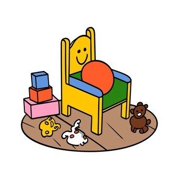 A child's wooden toy resembling "an electric chair" in a playful and harmless design. The chair is brightly colored, featuring yellow and blue paint with rounded edges for safety. It has a smiling face painted on the backrest, and the seat is adorned with soft, colorful cushions. The toy is situated on a light-colored wooden floor, surrounded by building blocks and stuffed animals, emphasizing a fun and imaginative play environment.