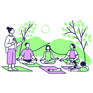 A host with a calm expression is standing in front of a small group of people, guiding them through mindfulness exercises at a nature retreat. The host is wearing comfortable, loose-fitting clothing and has a peaceful demeanor. The group consists of men and women of various ages, all seated on yoga mats arranged in a circle. Surrounding them are trees with leafy branches, and in the background, there are gentle hills. Sunlight filters through the leaves, creating patterns on the ground. The group appears engaged and focused, with some individuals closing their eyes while others are following the host's movements.