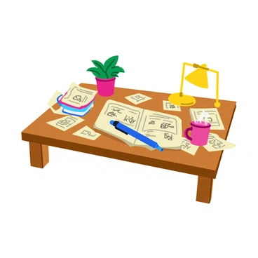A cluttered wooden desk filled with scattered papers covered in cryptic notes and strange symbols. Some of the papers are crumpled, while others are neatly stacked. A vibrant blue ink pen lies on top of an open notebook, which features more unusual drawings and sketches. A small potted plant with green leaves sits on one corner of the desk, adding a touch of color. A glowing desk lamp illuminates the workspace, casting soft shadows on the various items scattered around. A coffee mug, half-full with a steaming beverage, is positioned near the edge of the desk.