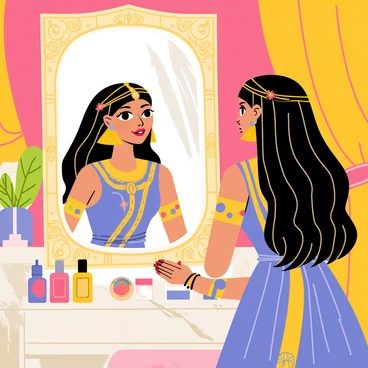 Cleopatra is depicted in a lavish setting, admiring herself in a large, ornate mirror with intricate golden designs. Her long black hair flows elegantly over her shoulders, and she wears a stunning blue and gold gown adorned with jewels. An array of beauty products, including vials of colorful perfumes, pots of shimmering eyeshadow, and shimmering lipsticks, are laid out on a marble vanity table in front of her. The background features lush fabrics and vibrant decor, enhancing the atmosphere of luxury and elegance.