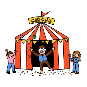 A playful monkey mascot with brown fur and big eyes is juggling colorful balls at the entrance of a red and white striped circus tent. The monkey is wearing a small blue vest and a red bow tie, and it has a cheerful expression. The tent is adorned with bright lights and a large sign above that reads "CIRCUS" in bold letters. The ground is covered with vibrant confetti, and there are excited children watching the monkey from the sides, clapping and cheering.