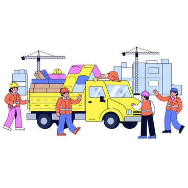 A construction truck with a bright yellow color is parked at a busy construction site. The back of the truck is filled with various building materials, including stacks of wooden beams, bags of cement, and colorful rolls of insulation. Essential tools like a shovel and a hard hat are placed on top of the materials. Surrounding the truck are construction workers wearing orange vests and hard hats, actively discussing plans and moving around equipment. In the background, there are cranes and partially built structures, indicating an active construction environment.
