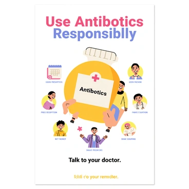 A public awareness poster featuring a colorful background with an eye-catching title that reads "Use Antibiotics Responsibly." The poster includes an image of a diverse group of people, including a young woman, an elderly man, and a child, holding hands while smiling. In the center, there is a large, illustrated pill bottle labeled "Antibiotics" with a red cross symbol. Surrounding the bottle are icons representing good practices, such as a checkmark near a calendar for completing prescriptions, a warning sign about not sharing medications, and a graphic of a doctor and patient discussing health. At the bottom, there is a friendly reminder in smaller text that says "Talk to your doctor."