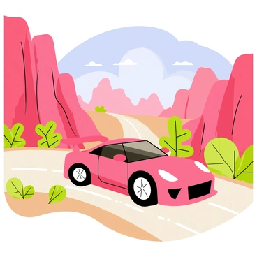 A bright red sports car is making its way along a winding road through the scenic landscapes of Utah. The car is positioned slightly to the right of the frame, showcasing its sleek design. Surrounding the car, towering red rock formations rise majestically, their vibrant hues contrasting with a clear blue sky above. Lush green shrubs and desert plants dot the landscape, adding texture and color. In the distance, more rocky cliffs can be seen, completing the stunning panorama.