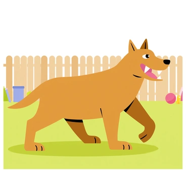 A medium-sized brown dog with a muscular build stands in a grassy backyard. The dog has its mouth open, displaying sharp white teeth while growling, showcasing an angry expression. Its ears are perked up, and its fur bristles slightly, emphasizing its aggressive stance. In the background, there are wooden fences and a few scattered toys, creating a typical backyard setting. The sky above is clear, allowing bright sunlight to illuminate the scene.