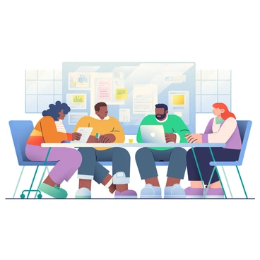 A group of five colleagues is gathered around a large, rectangular table. They are of diverse backgrounds, including a woman with dark skin and curly hair, a man with light skin and short brown hair, a woman with medium skin and sleek black hair, a man with olive skin and a beard, and a woman with fair skin and red hair. Each person is engaged in the creative project, looking at sketches and brainstorming ideas. The table is filled with colorful markers, sticky notes, and a laptop displaying a design software. In the background, a large whiteboard is covered with diagrams and notes, indicating their progress. The room is brightly lit with large windows allowing sunlight to stream in.