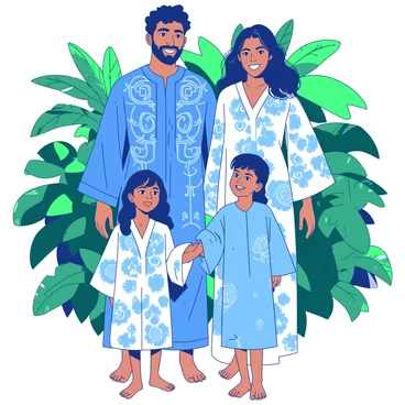 A group of four people, consisting of two adults and two children, is standing together for a holiday photo shoot. They are wearing coordinated kaftans in varying patterns. The adult male is wearing a blue kaftan with intricate white designs, while the adult female is dressed in a matching white kaftan adorned with blue accents. The young girl is wearing a smaller version of the female's kaftan, and the young boy is in a blue kaftan similar to the male's. They are all smiling and standing in front of a vibrant green backdrop filled with tropical plants. The sunlight is bright, enhancing the colors of their outfits.