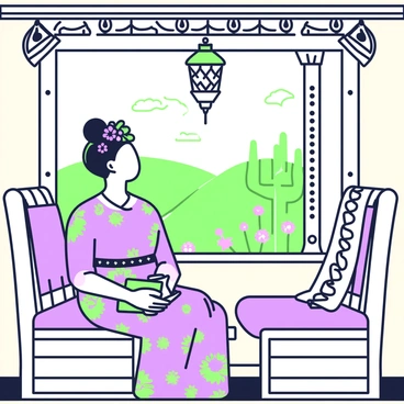 Frida Kahlo is sitting in a traditional Mexican train cabin with wooden benches and ornate details. She is wearing a colorful traditional dress adorned with floral patterns. Frida’s hair is styled in a braided updo, embellished with vibrant flowers. In her hands, she holds a small sketchbook and a pencil, appearing deep in thought. The cabin window shows a scenic view of rolling hills, dotted with cacti and blooming wildflowers under a bright sky. A decorative lantern hangs from the ceiling, casting intricate shadows on the walls, while a patterned blanket is draped over one of the benches.