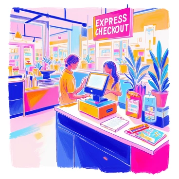 A dedicated express checkout line is prominently featured in a retail environment. There is a small, sleek POS terminal at the front of the line, designed for quick transactions. The checkout area is well-organized, with a clear sign indicating "Express Checkout" hanging above. A few colorful items are placed on the counter, such as candy bars and magazines. Clipboards with customer instructions are neatly arranged beside the terminal, and a small plant adds a touch of greenery to the space. The lighting is bright, creating an inviting atmosphere for customers.
