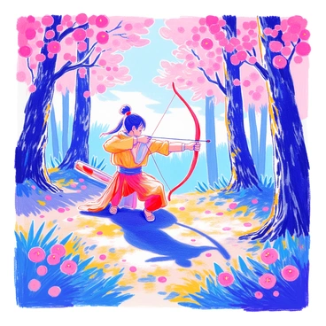 A figure of "Hanzo" is positioned in a tranquil forest clearing. He is focused on practicing his archery, drawing back a bowstring with precision. "Cherry blossoms" in full bloom surround him, their delicate pink petals gently falling to the ground. The sunlight filters through the leaves, casting dappled shadows on the soft grass beneath his feet. In the background, tall trees create a serene atmosphere, enhancing the peaceful setting of the scene.