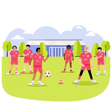 A group of young football players training at the Manchester United Academy. The players are dressed in bright red jerseys with the club's logo prominently displayed. Each player has a determined expression on their faces, filled with hope and ambition. They are practicing drills on a well-maintained green pitch, with cones marking the training area. In the background, the iconic stadium can be seen, surrounded by trees under a clear blue sky. A football rests on the grass nearby, symbolizing their passion for the sport.