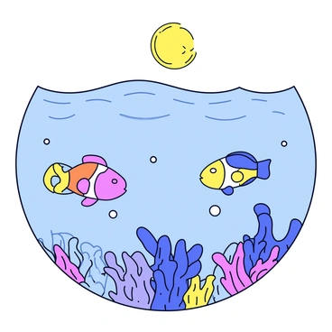 A group of colorful fish, including a clownfish and a blue tang, swims gracefully beneath a shimmering ocean surface. The water is illuminated by the soft glow of a full moon, casting gentle reflections on the waves above. The fish are surrounded by coral reefs, with intricate details of the coral and sea plants visible in the clear water. Small bubbles rise as the fish move, creating a sense of tranquility in the underwater environment.