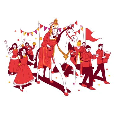 A red baraat procession featuring lively dancers in colorful attire with bright smiles, passionately performing in the foreground. In the center, there is an ornate white horse adorned with intricate golden decorations and a gleaming jeweled headpiece, standing tall. Surrounding the horse, a group of musicians play traditional instruments, their expressions filled with joy as they contribute to the festive atmosphere. Colorful banners and flowers are scattered throughout the scene, enhancing the celebratory mood of the procession.