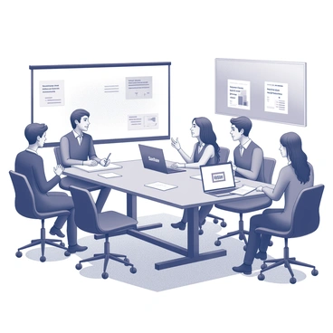 A meeting room filled with a group of five professionals seated around a large rectangular table. Each person is actively engaged in the discussion, with some leaning forward and others taking notes. One individual is gesturing with their hands, emphasizing a point. In the center of the table, there is a laptop open displaying the logo "Sanchay Plus" on the screen. Notebooks and pens are scattered around the table, and a whiteboard is visible in the background with graphs and charts related to investment strategies. The walls of the room are adorned with motivational posters related to success and achievement.