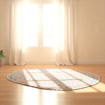 Sunlight streaming through a large window, illuminating the room and creating intricate patterns on a beautifully designed rug. The rug features a blend of rich colors and geometric shapes, complementing the warm glow of the sunlight. The window is adorned with sheer curtains that gently flutter in a soft breeze, enhancing the serene atmosphere of the space. The floor beneath the rug is polished wood, reflecting the light and the vibrant colors of the tapis.