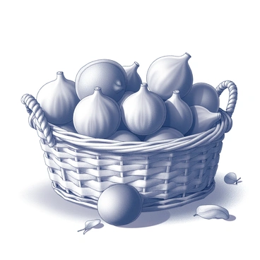 A wicker basket with a woven texture, filled to the brim with freshly picked figs. The figs are plump and round, showcasing their natural contours and slight imperfections. The basket sits on a wooden surface, and the surrounding area features a few stray leaves and twigs, suggesting a recent harvest. Sunlight casts gentle shadows, emphasizing the curves of the figs and the intricate design of the basket.