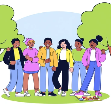 A diverse group of friends stands together in a sunny park. The group consists of individuals with various skin tones and hairstyles. They are all smiling and laughing, showcasing their joy and camaraderie. Some friends are wearing casual, colorful clothing, while others have on comfortable athletic wear. In the background, green trees provide shade, and a clear blue sky can be seen above. The ground is covered with lush green grass, and nearby, there is a picnic blanket spread out with snacks.