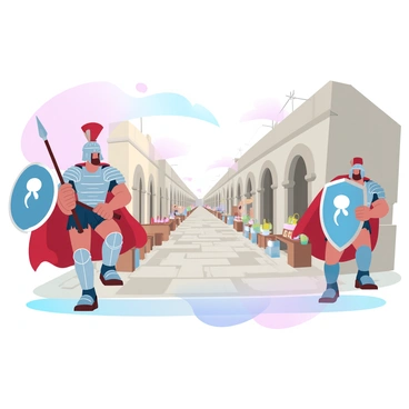 Roman soldiers in full armor are patrolling the streets of Bethlehem. The soldiers are wearing distinct metal helmets, breastplates, and shinguards, with red capes flowing from their shoulders. Each soldier is holding a spear and a shield, displaying the traditional Roman insignia. The streets are lined with stone buildings featuring arched doorways and decorative columns. A warm glow of gradient pastel colors fills the sky, creating a soft atmosphere over the scene. Small market stalls can be seen along the pathway, showcasing various goods.