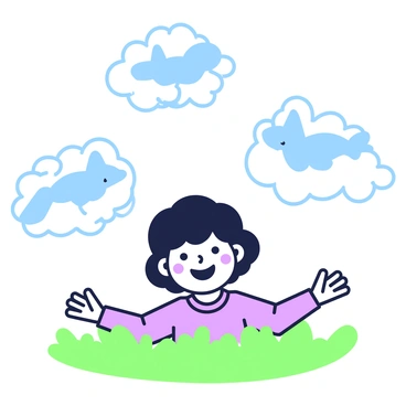 A child is lying on a patch of grass, with their arms spread out beside them. The child has a joyful expression, with bright eyes reflecting wonder. Above, the sky is filled with fluffy clouds, each one intricately shaped like various animals. There is a cloud resembling a playful puppy, another one shaped like a soaring bird, and a third that looks like a lounging cat. The grass beneath the child is vibrant and lush, providing a soft contrast to the blue sky and the whimsical shapes of the clouds.