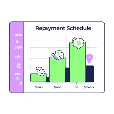 An illustrated repayment schedule chart displayed on a grid background. The chart features multiple bars representing different payment milestones, each labeled with specific amounts. At the top, a title reads "Repayment Schedule" in bold letters. Each bar is segmented, visually indicating the progress of payments over time. To the left, there is a vertical axis showing the total amount owed, while the horizontal axis indicates the time frame for payments. Various icons, such as dollar signs and check marks, are integrated within the bars to represent completed payments and upcoming milestones.