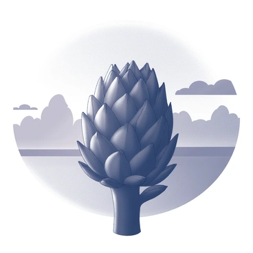 A detailed silhouette of an artichoke is prominently displayed. The artichoke features distinct layers of pointed leaves that taper towards the top. The background showcases a sunset scene with a gradient of shapes and forms, suggestive of a vibrant sky. The contrast between the dark silhouette of the artichoke and the light forms in the background creates a striking visual effect. The overall composition emphasizes the unique texture and shape of the artichoke against the expansive backdrop.